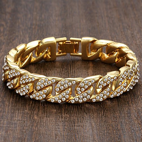 Mens Womens Cuban Link Bracelet Hip Hop Bracelet Stainless Steel Chain Bracelet Iced Out Curb Cuban 18k Gold Plated Bracelet With Clear Rhinestones3