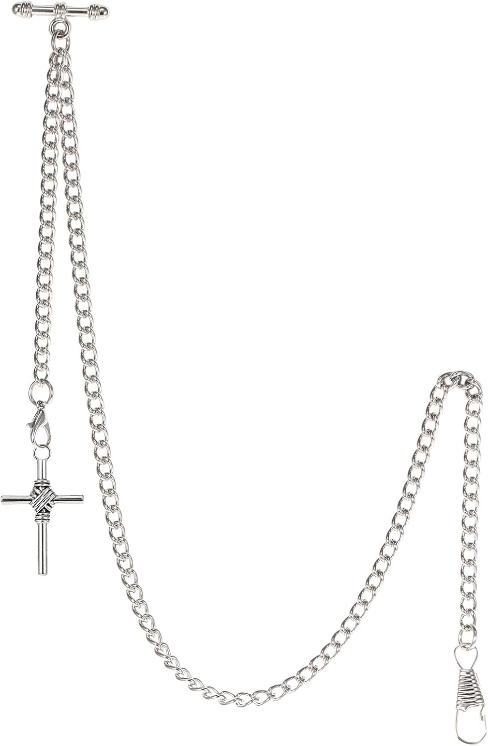 TREEWETO Men's Albert Chain Pocket Watch Curb Link Key Chain 2 Hooks with Antique Cross Pendant Design Charm Fob T Bar
