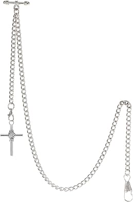 TREEWETO Mens Albert Chain Pocket Watch Curb Link Key Chain 2 Hooks with Antique Cross Pendant Design Charm Fob T Bar