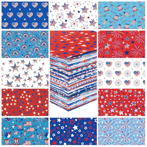 Frienda 24 Pcs 4th of July Fabric Bundles 18 x 22 Inch Red Blue White Fat Quarters Patriotic Independence Day Quilting Sewing Fabric for DIY Handmade Craft Home Decoration 250th Anniversary Party