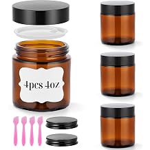 4 oz Glass Jars with Lids, 4 Pack Amber Glass Jars with Black Lids | Leakproof Airtight Empty Cosmetic Containers with Inner Liners for Creams, Lotion, Cosmetic, Powders, Candle Making