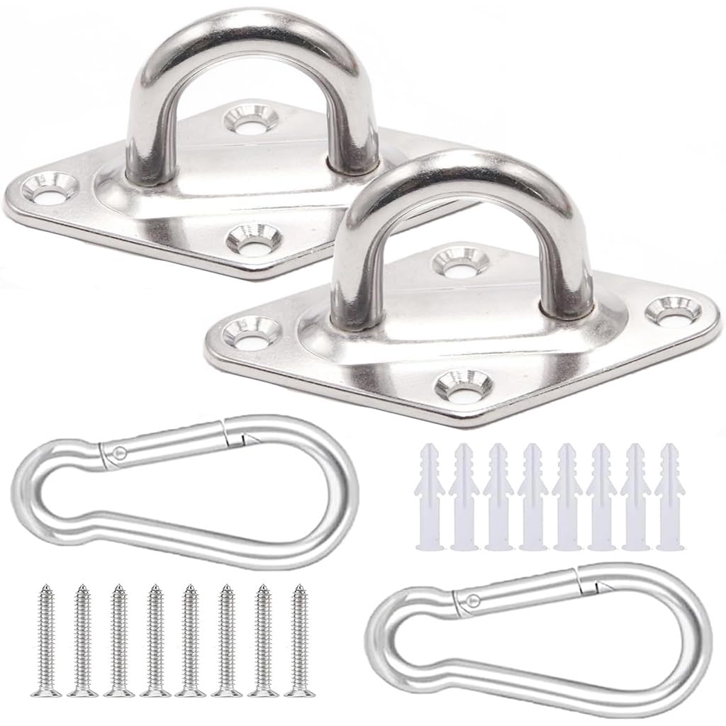 HASTHIP® 2Pcs Stainless Steel Eye Plate with Carabiners, Heavy Duty 200kg Mounting Hook Pad Eye for Hammock, Swing and Ceiling Mount-image-26
