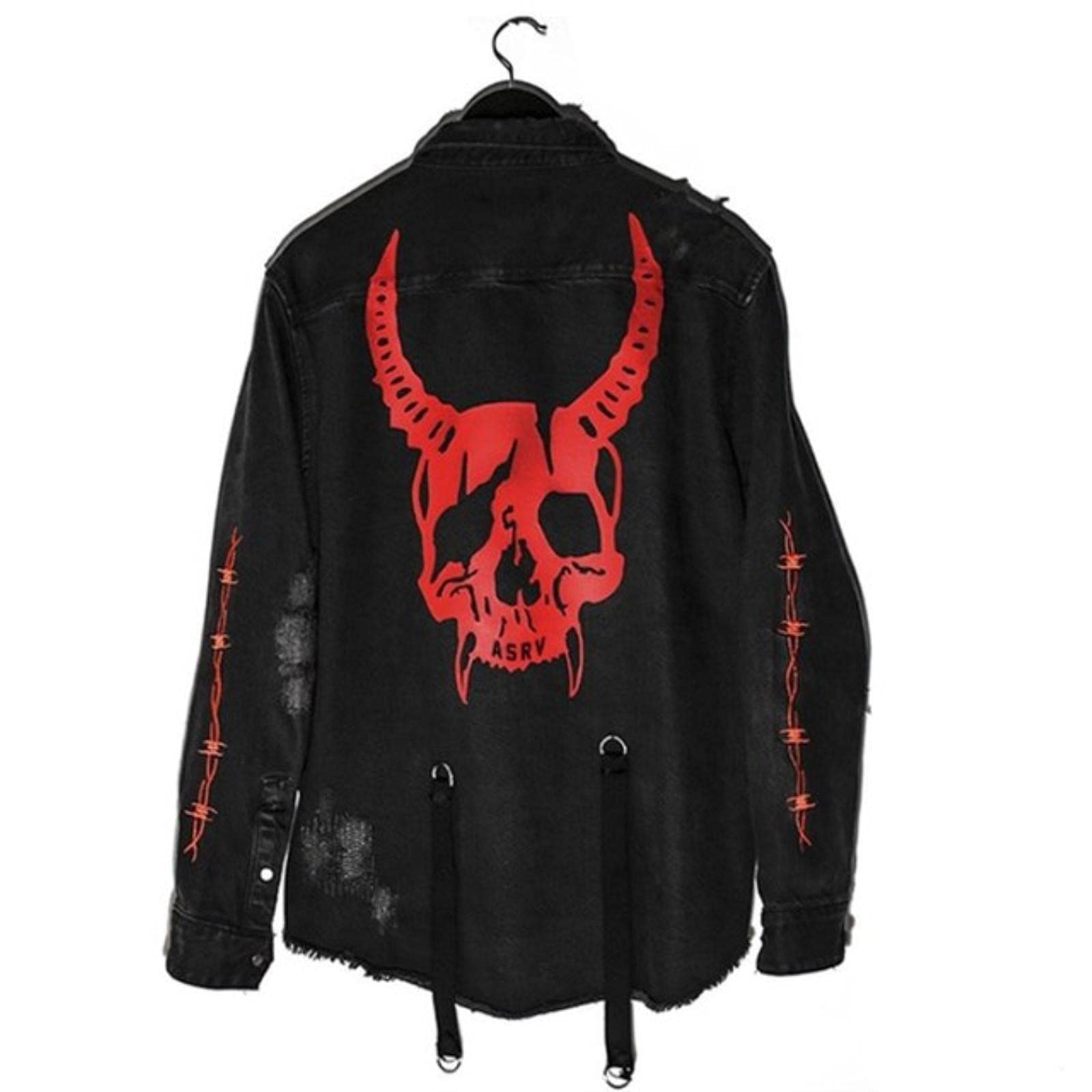 CHOUX Harajuku Gothic Skull Black Denim Jacket Men Rock Punk Heavy Metal Sweatshirt Suspenders Hole Streetwear-Demon,L
