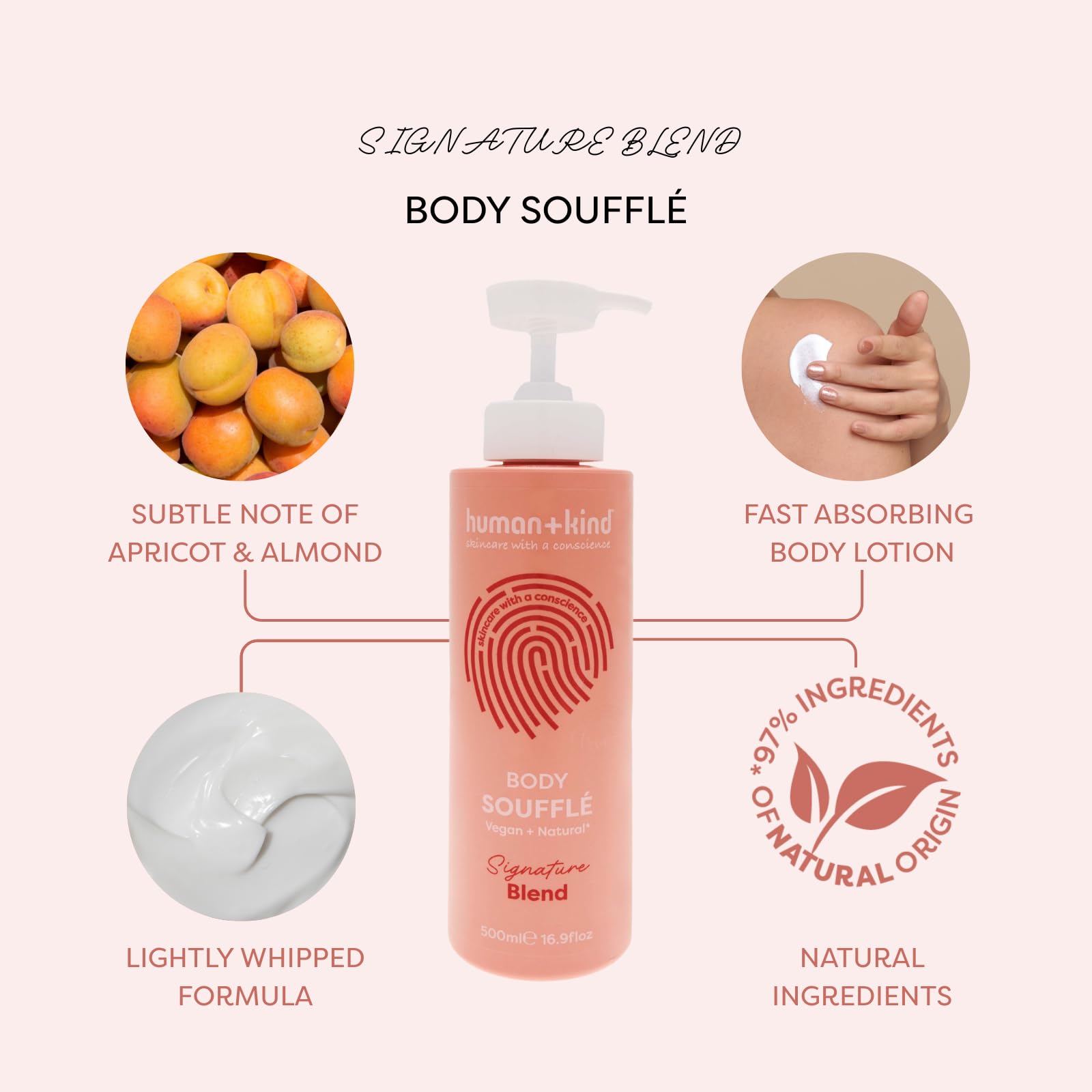 Human+Kind - Body Souffle - Lecht Schlagsahne-Feuchtigkeitscreme schnell ein - idealny do trockene oder zu ekzemen tendencyjnych Haut - natürliche, vegan Hautpflege - Flasche o pojemności 500 ml.