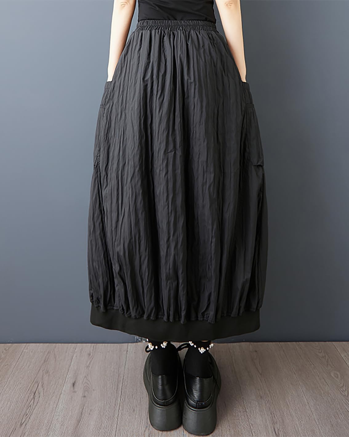 ellazhu Women's Skirt A-line Loose Oversize Pleated Elastic Waist Casual Long Maxi Hem Side Pockets GZ652 A