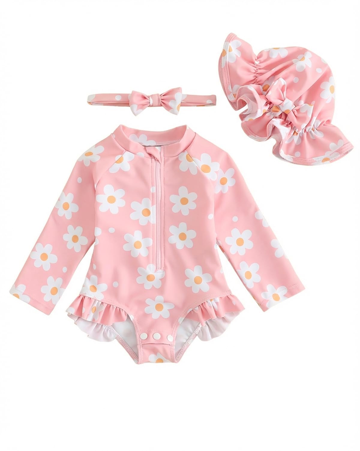Maillot de Bain Bebe Fille Anti UV 3 Mois - 3 Ans, UPF 50+ Combinaison Bebe 3 Pièces avec Chapeau & Bandeau, Maillots Bain Bébé avec Pressions