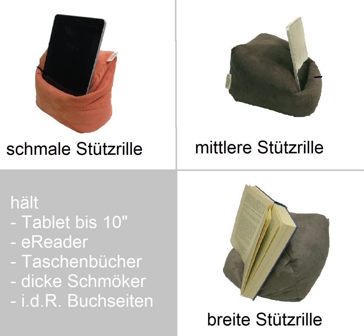 soft Buchkissen – frei formbarer Buchhalter für Bett - Handgefertigt aus Antirutsch Wildlederimitat & Mikroperlen – weich waschbar drehbar – grün jadegrün matt