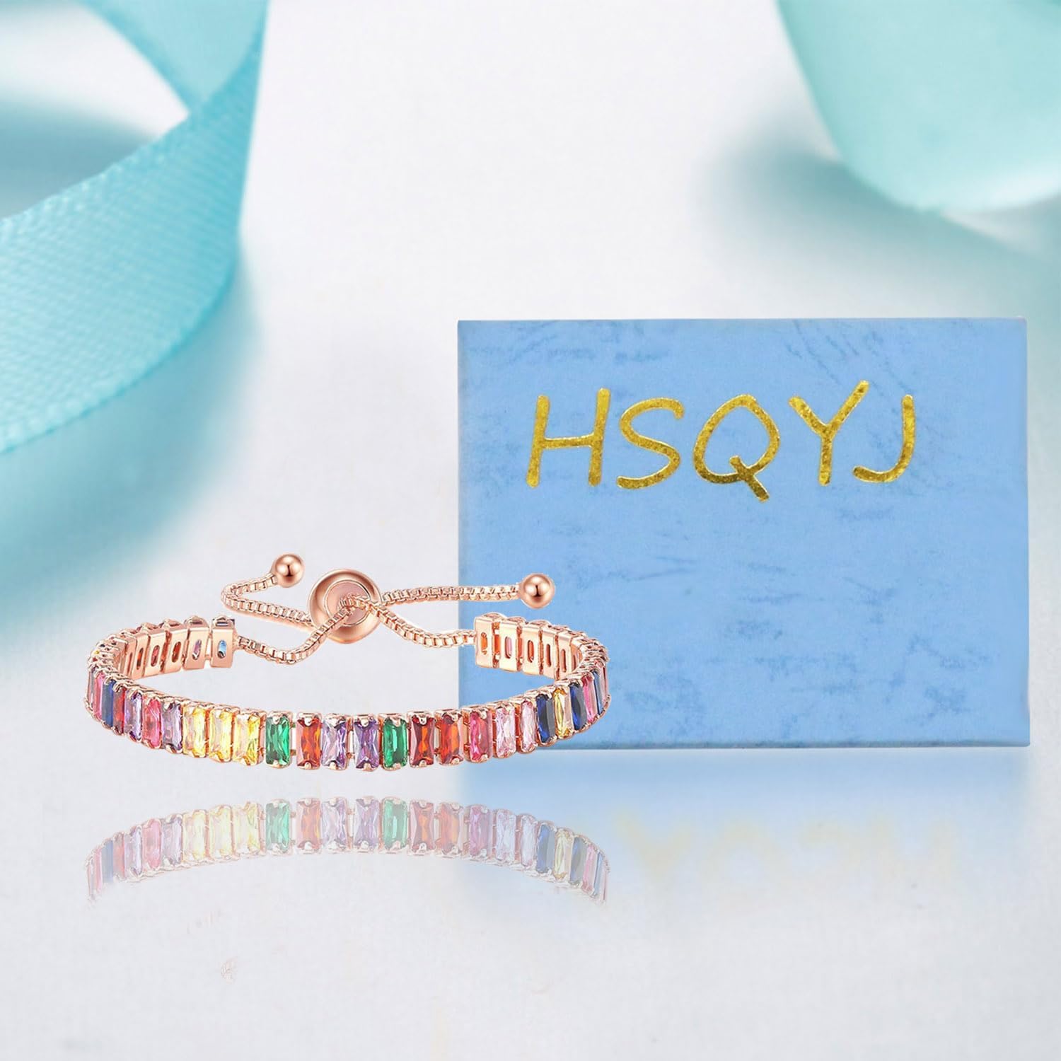 HSQYJ Rainbow Cubic Zirconia Bracelet Adjustable Tennis Bracelets for Women Teen Girls 14K Rose Gold/Silver Plated Hypoallergenic Slider Bracelet Fashion Jewelry Gift - Image 6