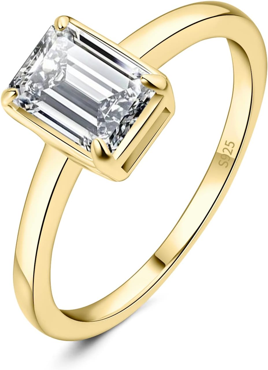 JewelryPalace Classic 1ct Emerald Cut Cubic Zirconia Solitaire Engagement Rings for Women,14K White Rose Yellow Gold Plated 925 Sterling Silver Promise Ring for Her, Anniversary Wedding Rings