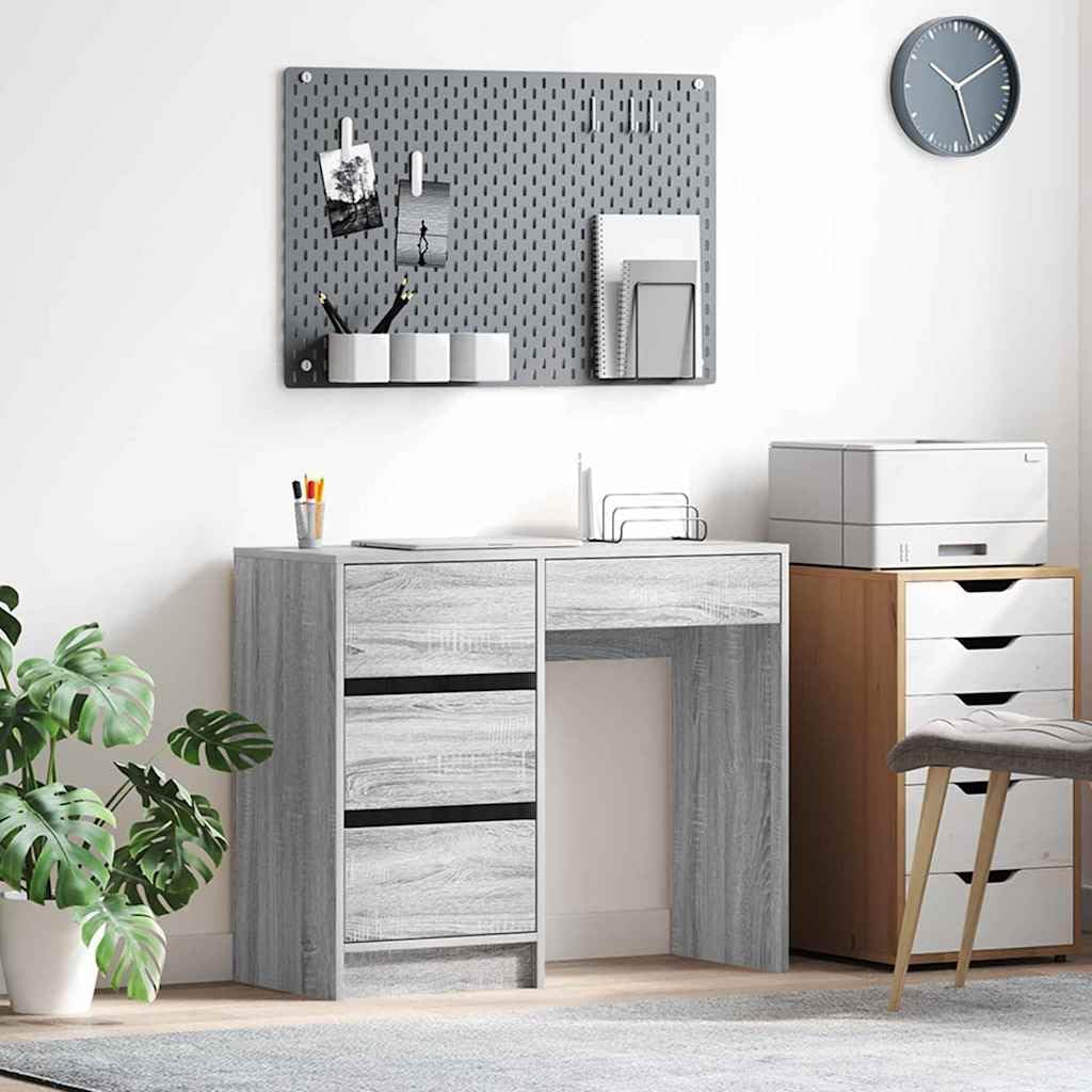 Scrivania grigio Sonoma, 90 x 37,5 x 75 cm, in legno, tavolo da lavoro con cassetto, spazio per riporre oggetti, per ufficio, casa, ergonomica, salvaspazio, durevole