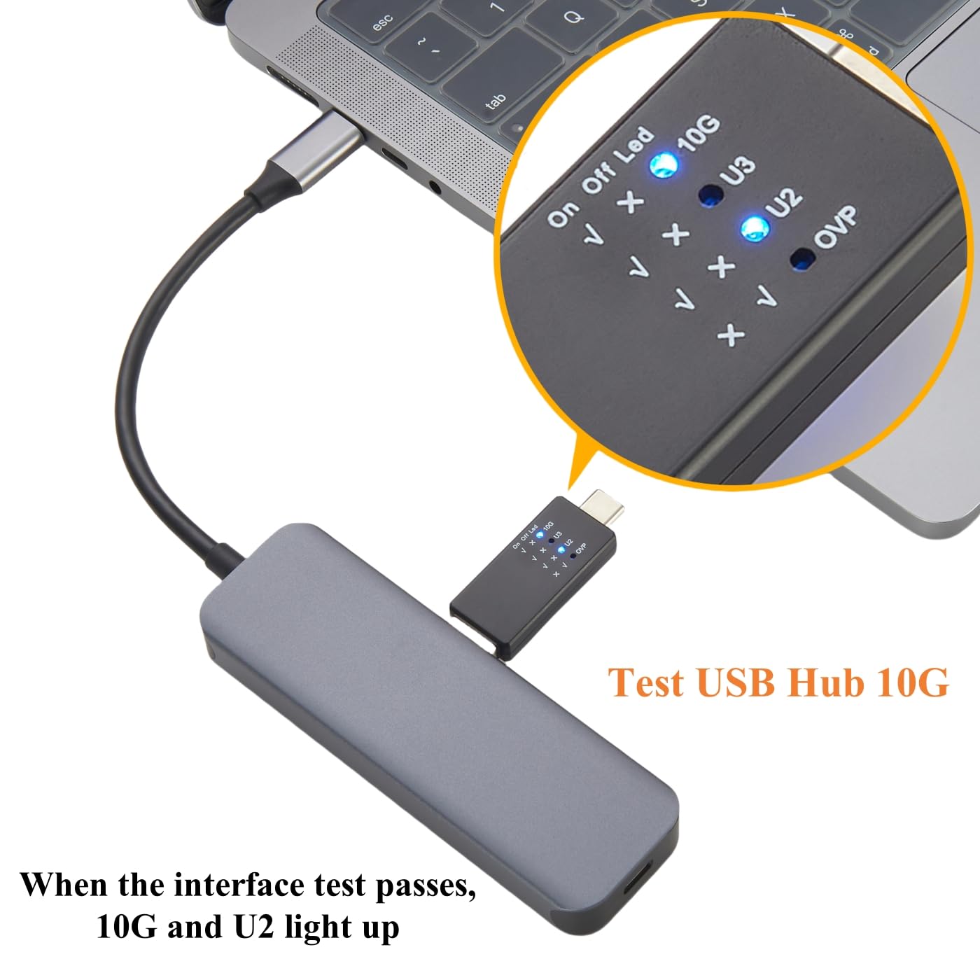 Plinkwirekb USB 10G Tester connected to a 10G USB hub, showing 10G and U2 LEDs illuminated