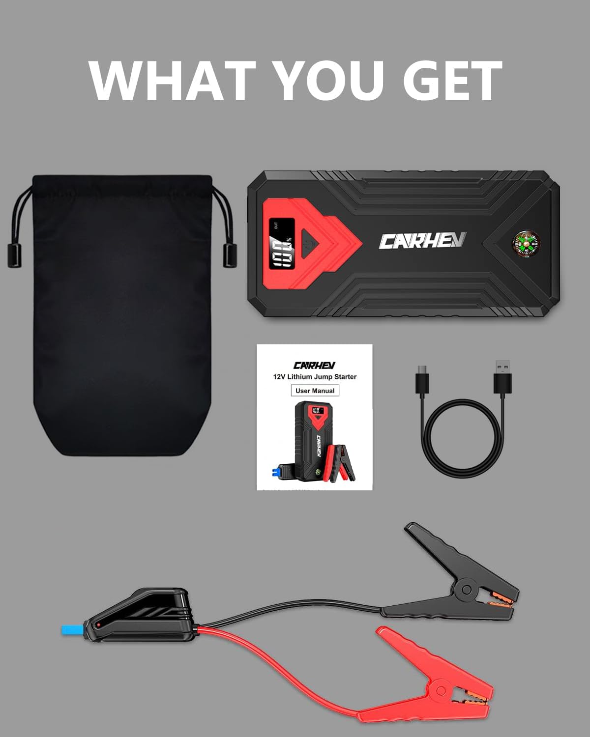 CARHEV Booster Batterie Voiture 4000A, Démarreur de Voiture (Jusqu’à 8.0L Essence & 8.0L Diesel), 12V Car Jump Starter avec Pinces de Sûreté Intelligentes, Lumière LED à 3 Modes