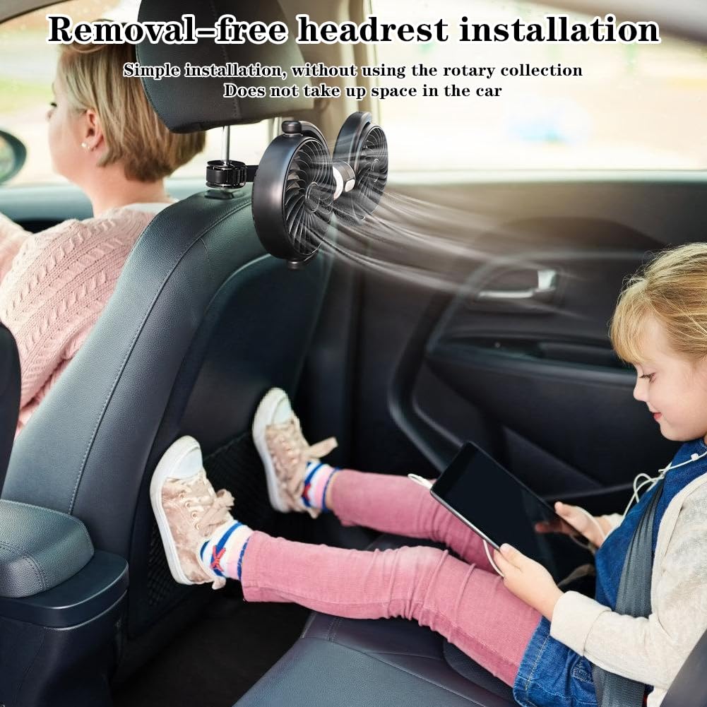 Ventilatore auto per sedile posteriore, girevole a 360°, ventilatore per auto, ventilatore USB per auto, ventilatore di raffreddamento a 2 marce, mini ventilatore di velocità per auto SUV