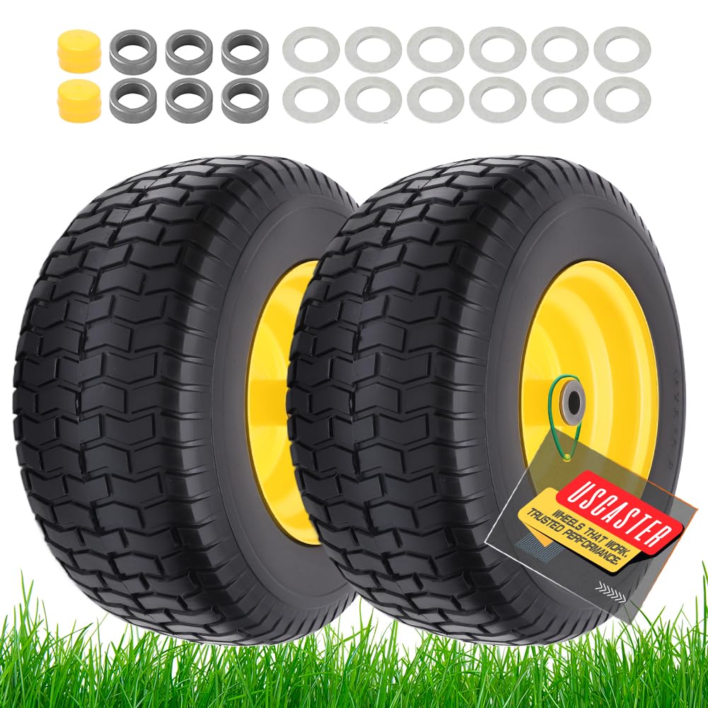 USCaster 16 x 6.50-8 Tyre and Wheel Flat Assemblies (2 Pack) Lawn Mower Tyre with Rim Solid Rubber Tyre and Wheels 3" Offset Hub 3/4" Bushings 16" x 6.5-8" Tractor Lawn Tyre