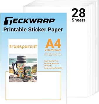TECKWRAP Clear Printable Vinyl Sticker Paper for Inkjet Printer, Clear Contact Paper Laminating Sheets, 8.26" x 11.69" A4 Printer Paper for Decal Stickers Waterproof Sticker Labels, 28 Sheets