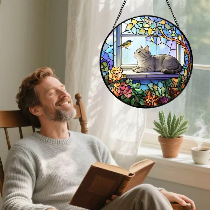 Stained Glass Cat Window Suncatcher, Cat on Windowsill Sun Catcher, Colorful Pet Lover Window Decor Gift