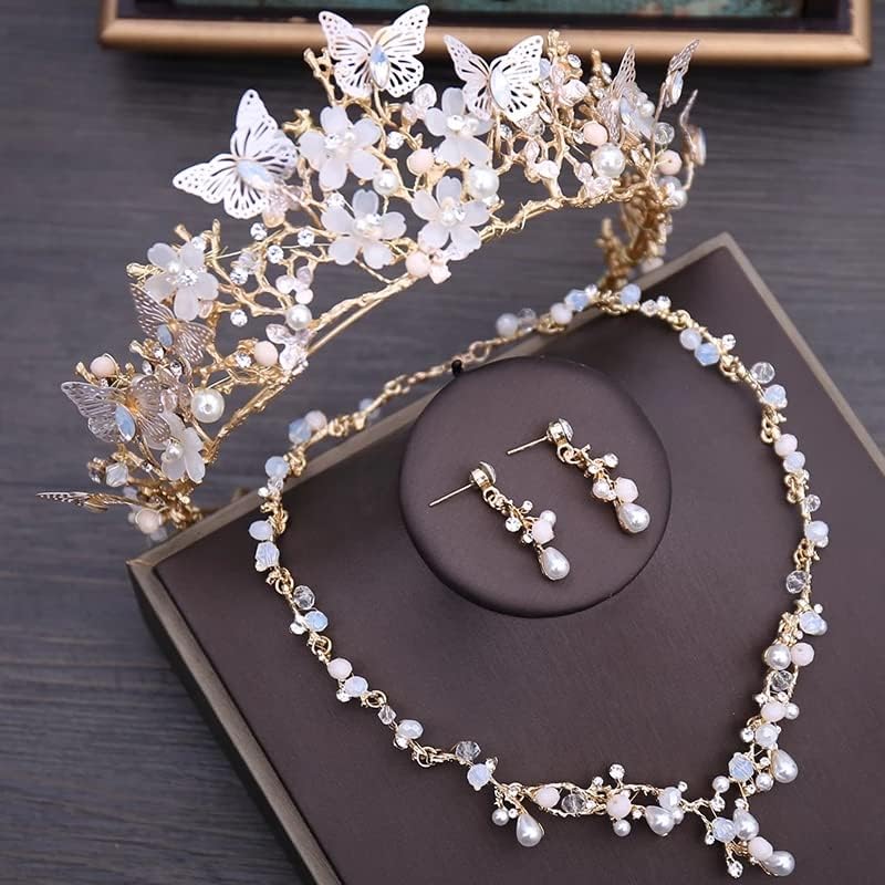 Luxury Crystal Beads Pearl Butterfly Costume Jewelry Sets Floral Rhinestone Choker Necklace Earrings Tiara Wedding Jewelry Set (3Pcs Jewelry Set) - Image 6