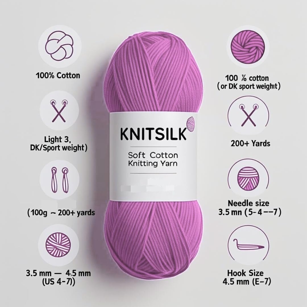 Knitsilk Soft Cotton Knitting Yarn – 100% Cotton | 100g (Approx. 200+ Yards) | Lightweight | for Knitting, Crochet & DIY Crafts | Pack of 2 (Purple)