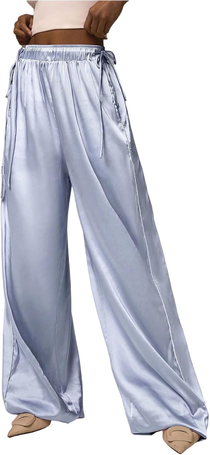 SHENHE Women's Satin Wide Leg Pants Dressy Flowy Drawstring Silky Going Out Palazzo Pants