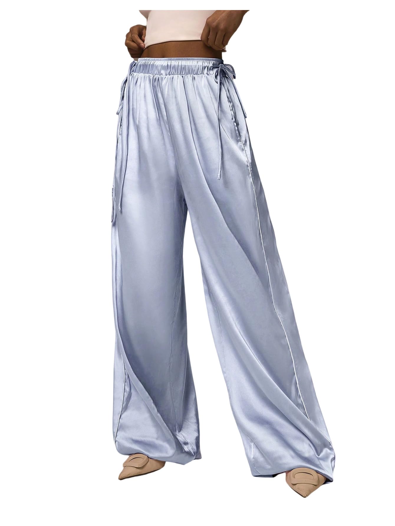 SHENHE Womens Satin Wide Leg Pants Dressy Flowy Drawstring Silky Going Out Palazzo Pants