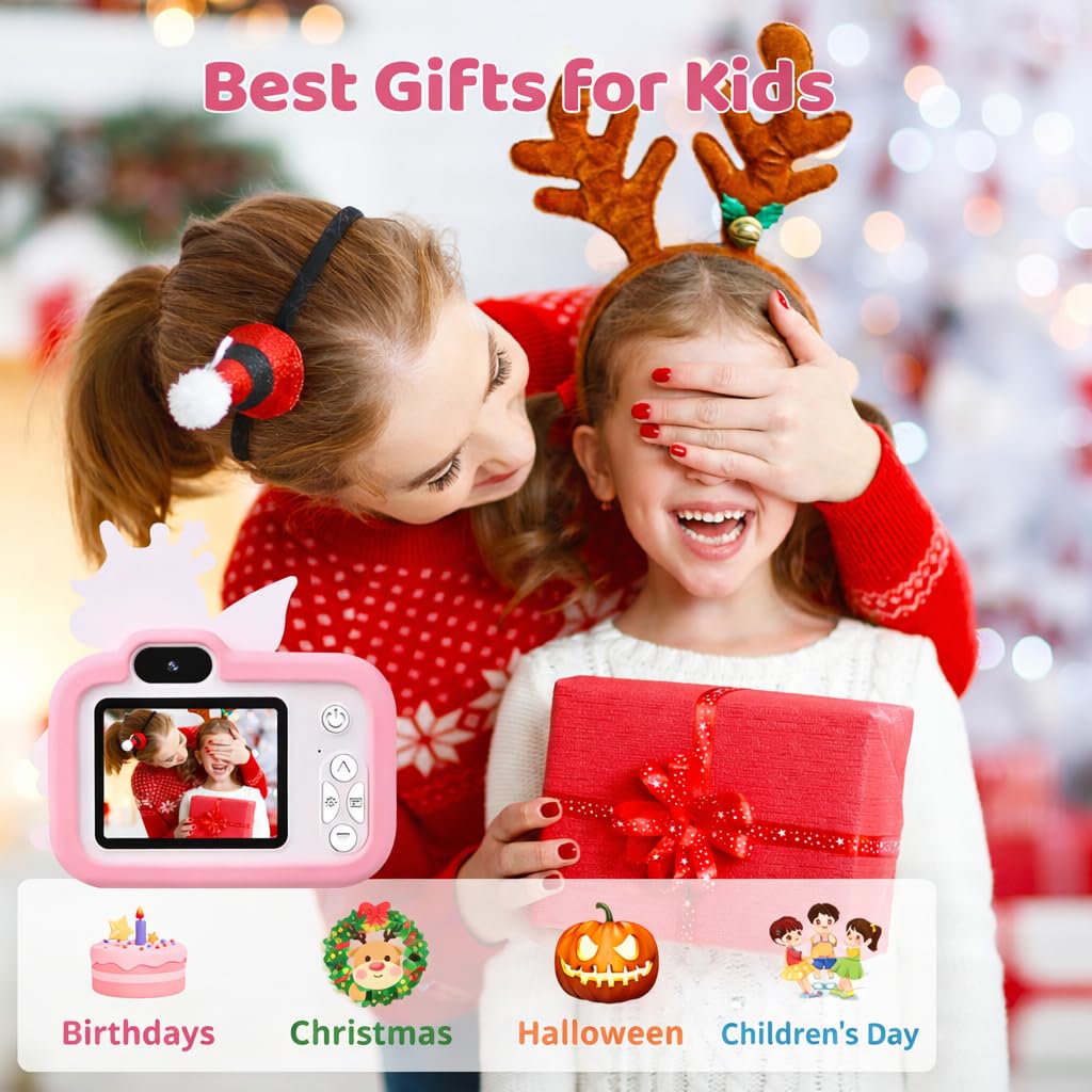 1080P HD fotocamera digitale per bambini con schermo da 2,0" e scheda da 32 GB, regalo per compleanno Natale, macchina fotografica giocattolo per 3-12 ragazze ragazzi