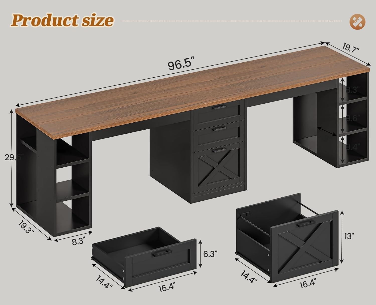 SEDETA Farmhouse 96.5" Office Desk with Drawers, 2 Person Gaming Desk with Storage, Double Computer Desk with Storage Drawers, Long Two Person Writing Desk, Black