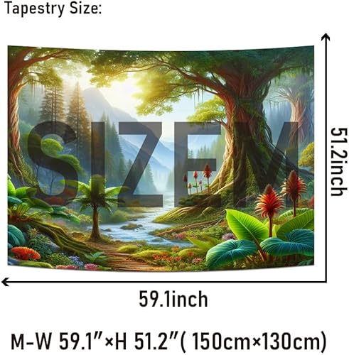 Miniatura 5 de Heopapin Tapiz de bosque de montaña brumosa, tapiz de naturaleza con árboles grandes, tapiz para colgar en la pared, tapiz de paisaje de bosque