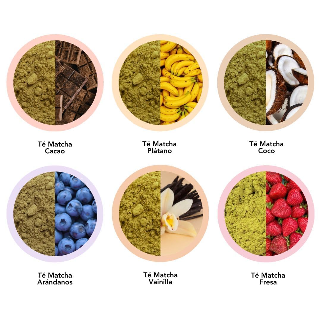 Matchaflix | Pack 6 Saveurs - Thé Matcha Premium 100% | Thé Matcha Original, Vanille, Coco, Cacao, Gingembre, Myrtilles | Matcha Poudre | Pour 3 mois