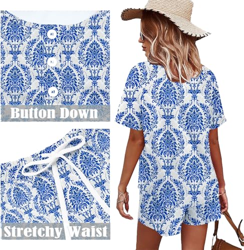 Image of WIHOLL Two Piece Outfits for Women Lounge Sets Button Down Top and Shorts Set Sweatsuits with Pockets