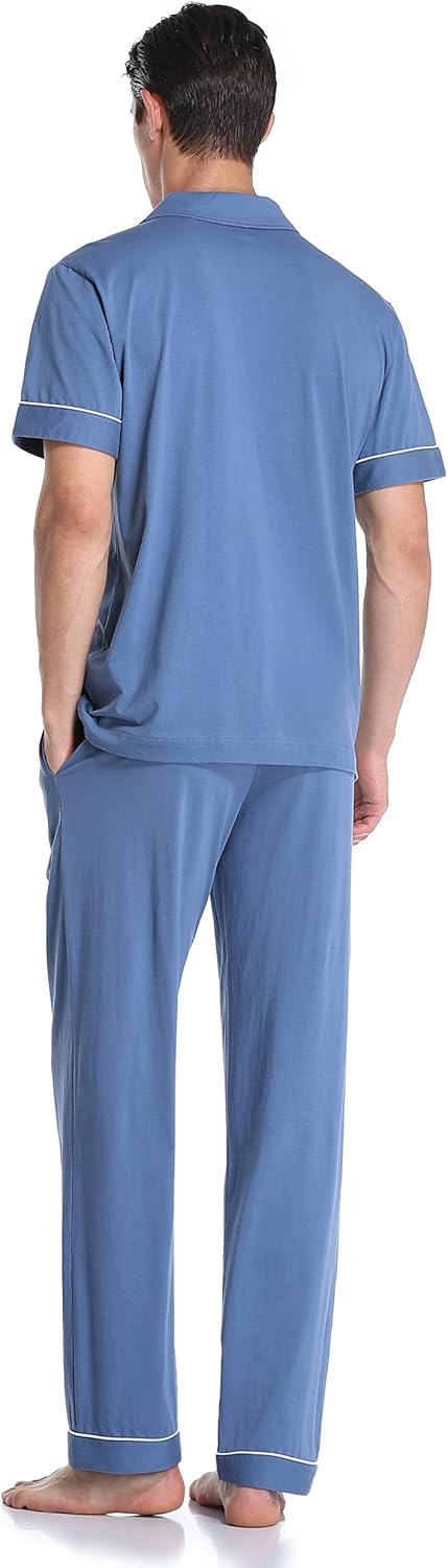 COLORFULLEAF Men's 100% Cotton Pajamas Set Button Down Sleepwear Short Sleeve and Long Pants Pjs - Image 2
