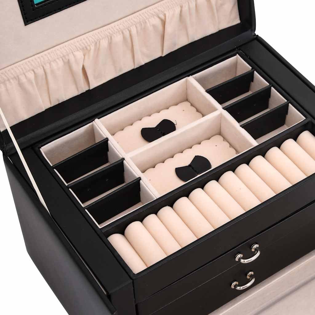 vidaXL Schmuckkästchen 3-Schichten mit Spiegel Abschließbar Schwarz, Schmuckkasten, Schmuckkoffer, Schmucktruhe, Schmuckbox, Schmuckorganizer