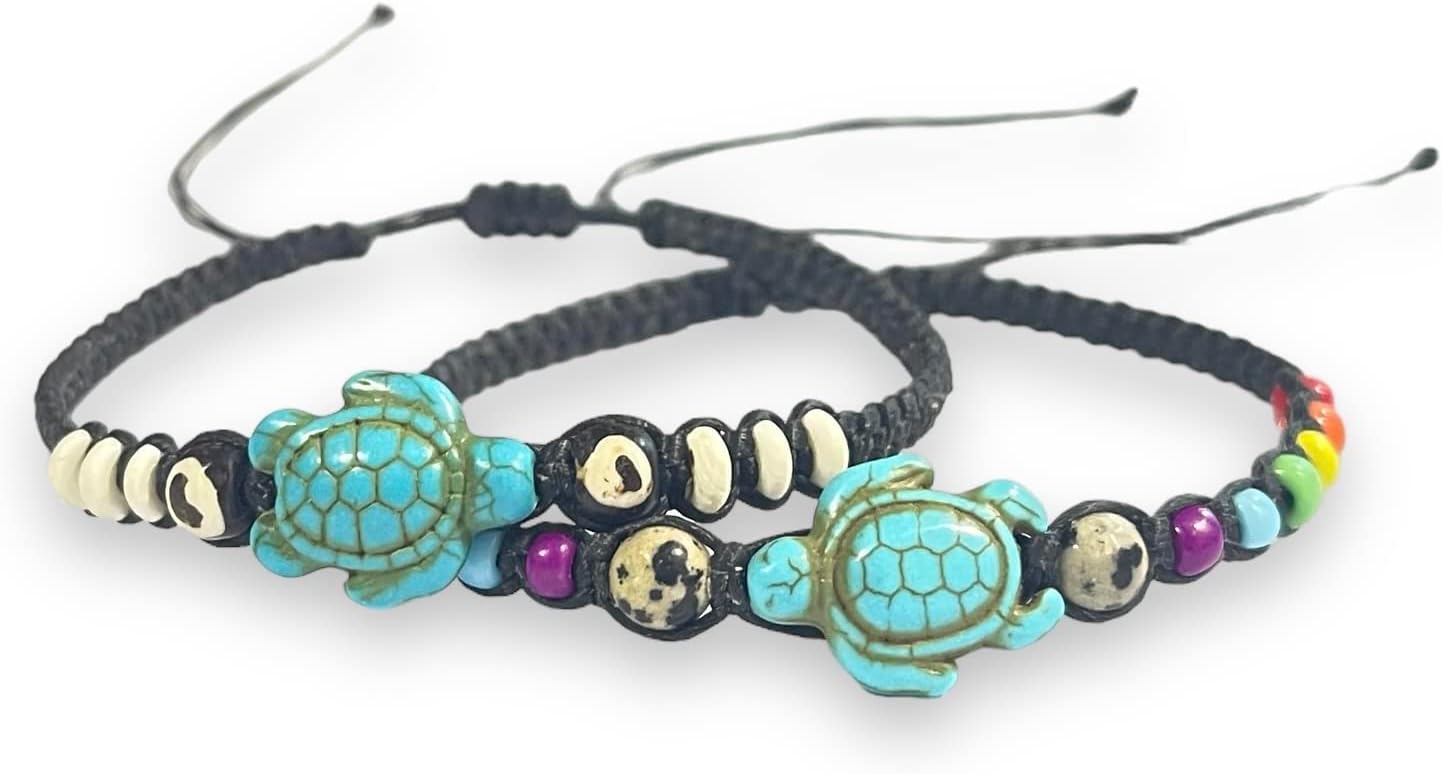 2 Pcs Hawaiian Sea Turtle Bracelet-Black Bracelet with Turtle in Turquoise Color-Turtle Hemp Bracelet - Image 3