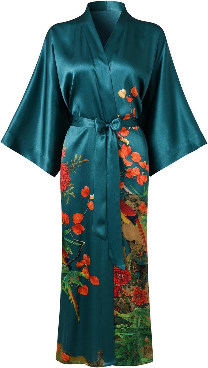 Women's Silk Kimono Robe Long Bathrobe Nightgown 100% Mulberry Silk for Women - Classic Floral Pattern