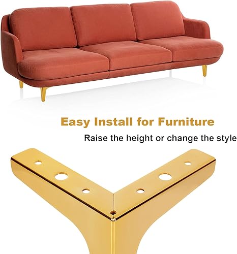 Miniatura 5 de MNKNENG Paquete de 8 patas de metal dorado para muebles, de 5 pulgadas, extensores de patas de sofá doradas, estilo moderno, resistente, repuesto