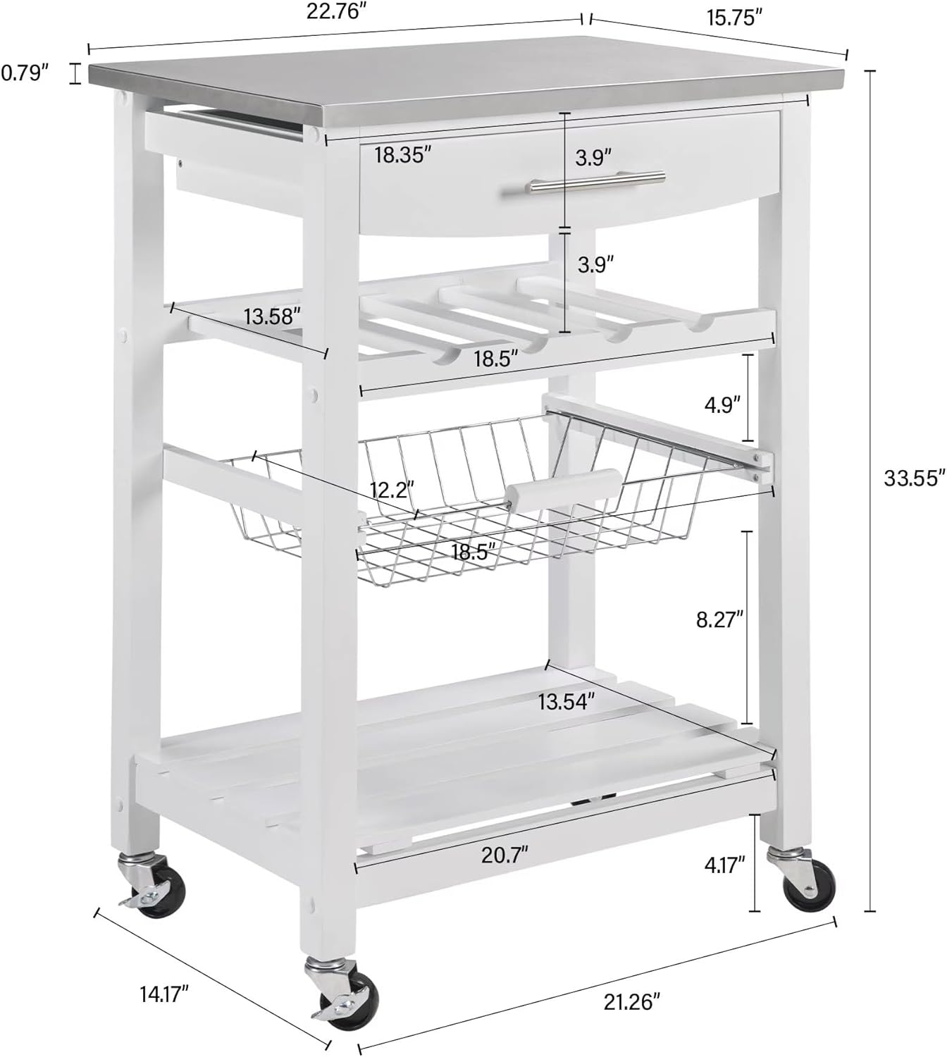 Stainless Steel Kitchen Island Cart 22-inch with Drawer & Storage Basket - Mobile Serving Cart for Food Prep, Solid Pine Frame, 4 Lockable Wheels, Compact Design(White)