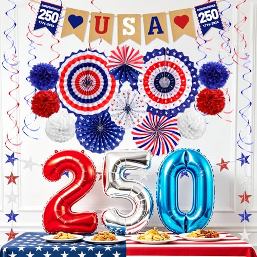 Image of 34PCS 4th /Fourth of July USA 250th Anniversary Decorations Set, Red White Blue Patriotic Decorations, Love USA Banner American Flag Pom Poms Decor for Memorial Day Independence Day
