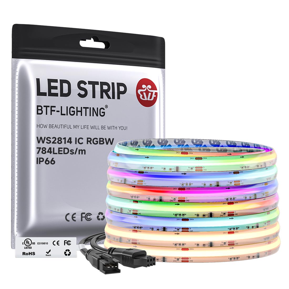 BTF-LIGHTING FCOB COB LED Strip Light IP66, WS2814 Smart IC RGBW 3000K Color Chasing Light, UL Listed DC24V 24FT 784LEDs/m High Density 12mm Width for