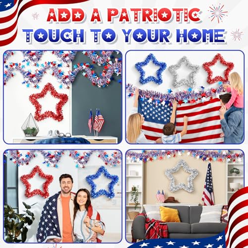 Image of 8 Pcs Patriotic Party Set Includes 3pcs Patriotic Tinsel Star Wall Hanging Decor and 5pcs 33 ft Independence Day Glitter Shiny Twist Tinsel Garlands for Memorial Day Party Tree Home Hanging Decor