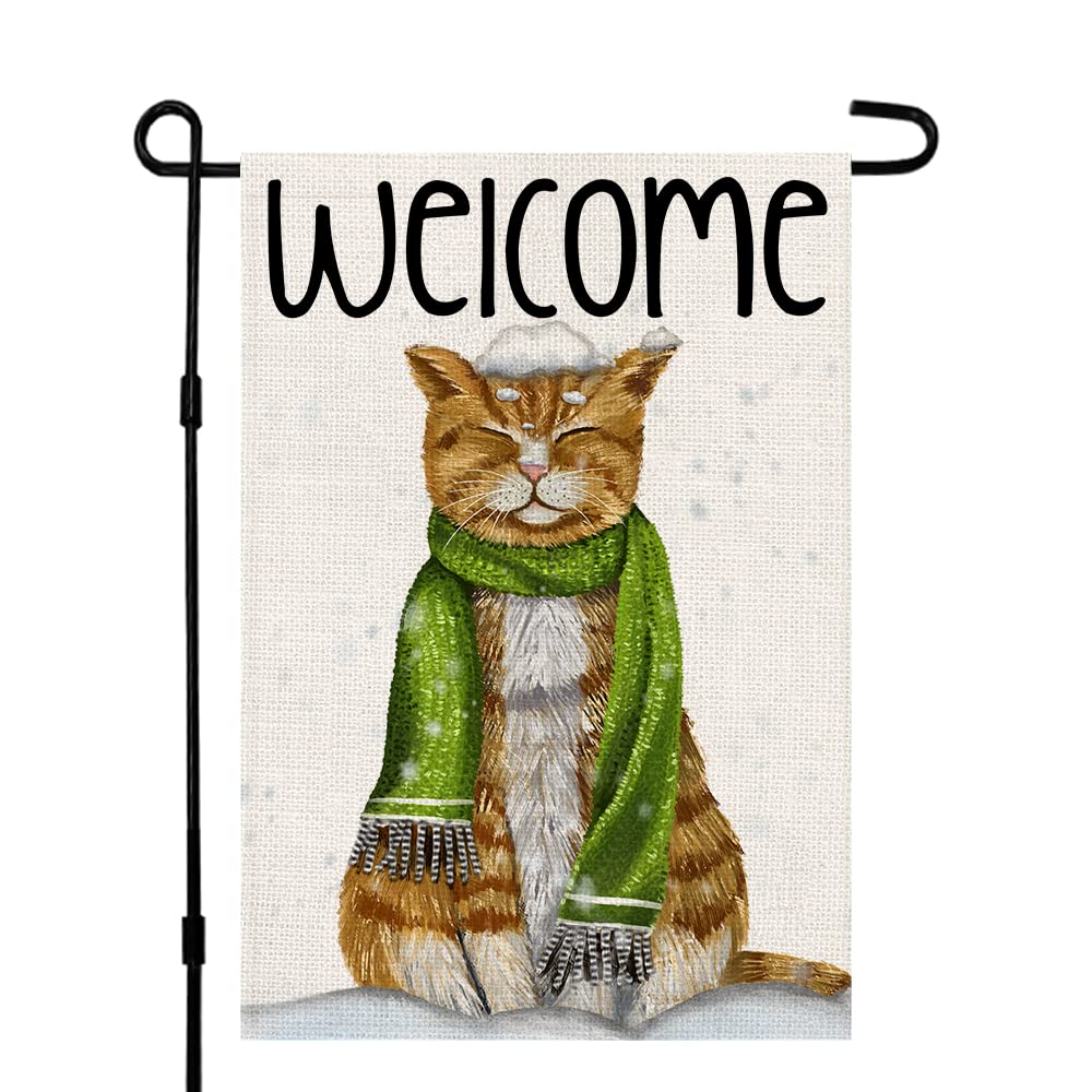 Cat Scarf Winter Garden Flag 12x18 Inch Vertical Double Sided Burlap, Welcome sign Holiday Christmas Yard Outdoor Decoration DF150