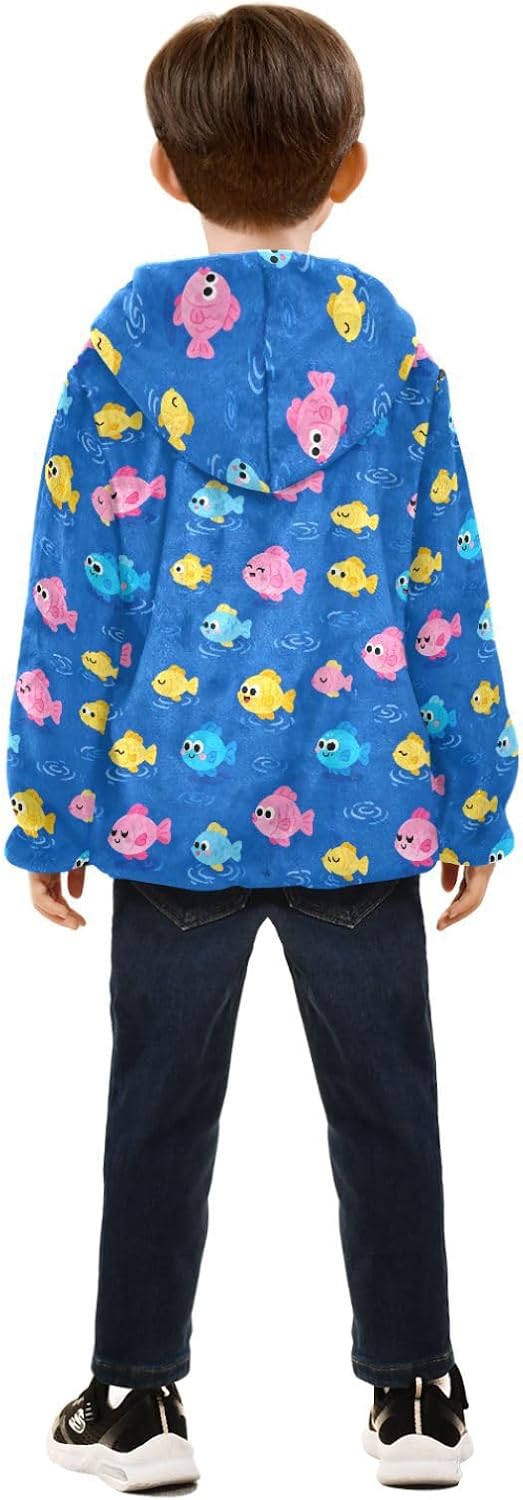 Colorful Fish Pattern Toddler Fleece Jacket with Hood Children Coat Navy Blue Baby Boys Hoodie