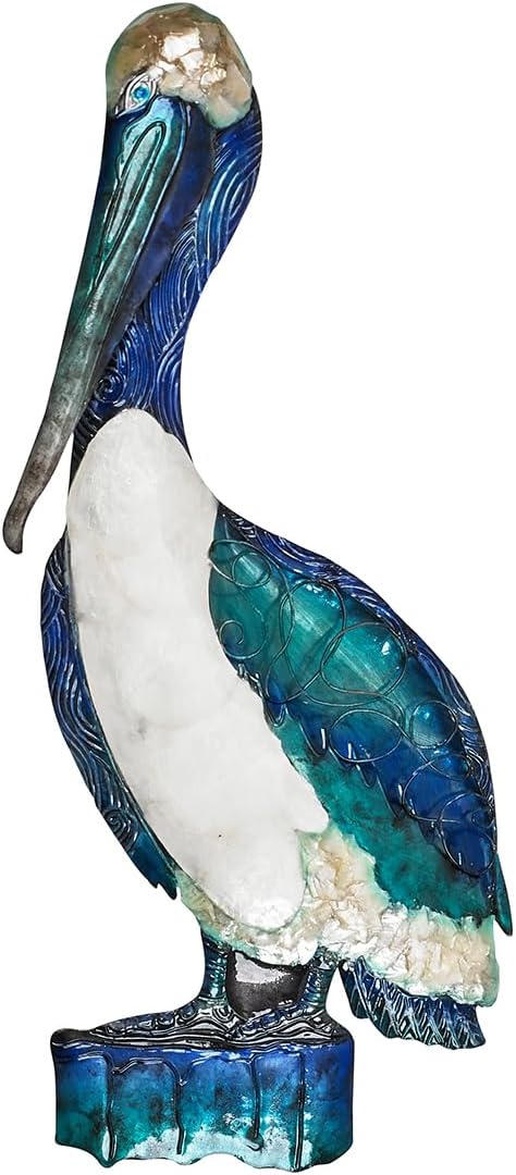 Pelican Metal Wall Art Décor Sign, Handmade and Acrylic Handpainted Blue with White Pearl Capiz Shell Bird, fits Tropical Ocean Coastal Beachy Bohemian Style for Ocean, Pool, Bar, (17x11x3in)