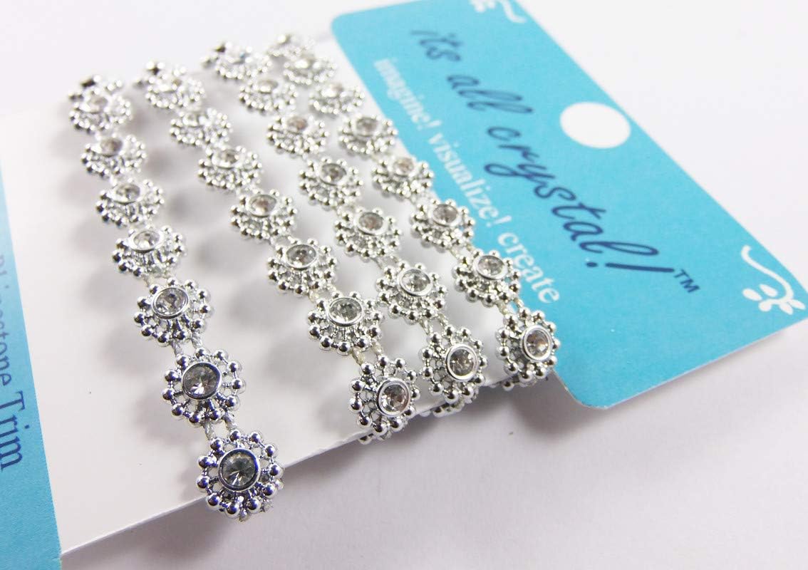 12 Pcs Genuine Rhinestones Braid Trim Strap - Silver Finish - Flowers Shapes for Wedding Supply Dress Invitations Evening Wear Doll Renaissance Outfit Gift Wraps