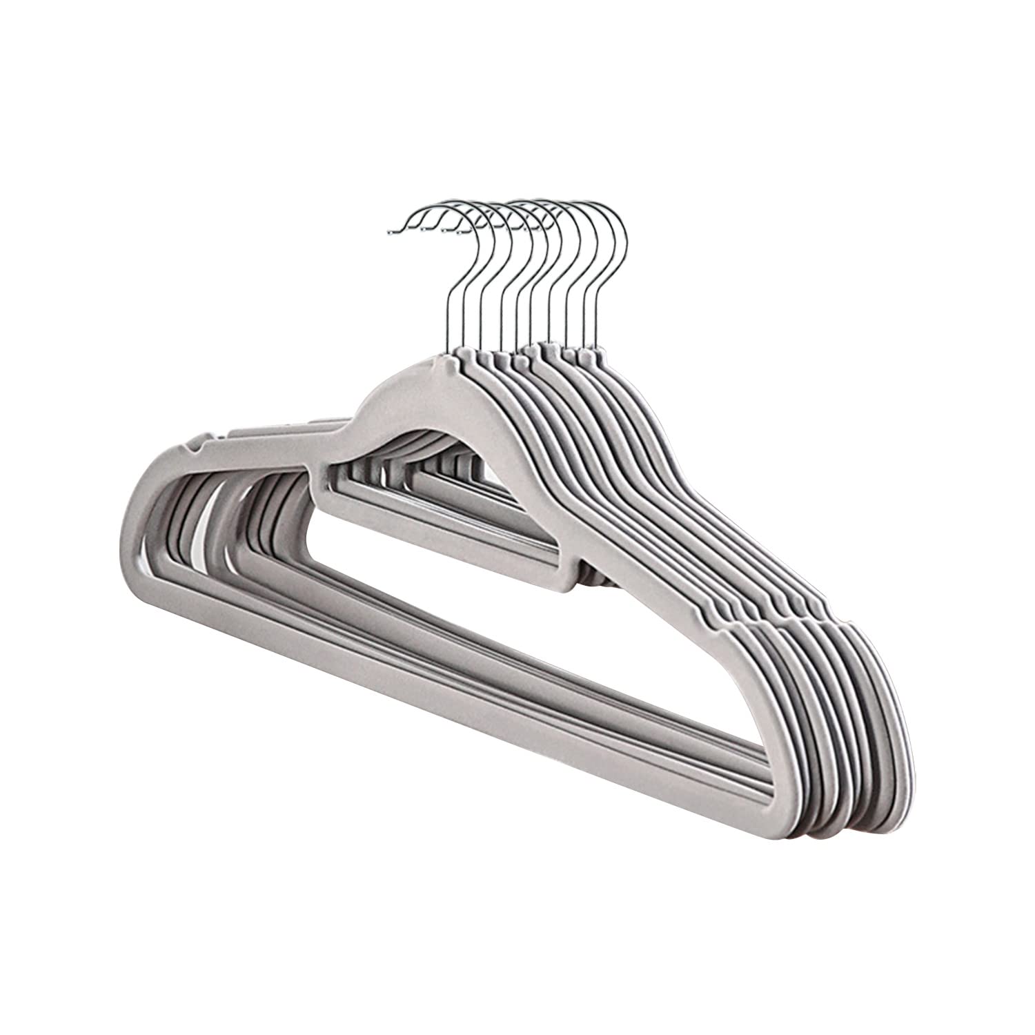 Premium Velvet Hangers 10 Pack, Slim Space Saving Coat Hanger with Tie Bar, Non Slip Clothes Hangers 360° Swivel Hook, Suit, Shirt Dress & Trouser Hangers - Thin Flocked Felt Hangers (Grey)