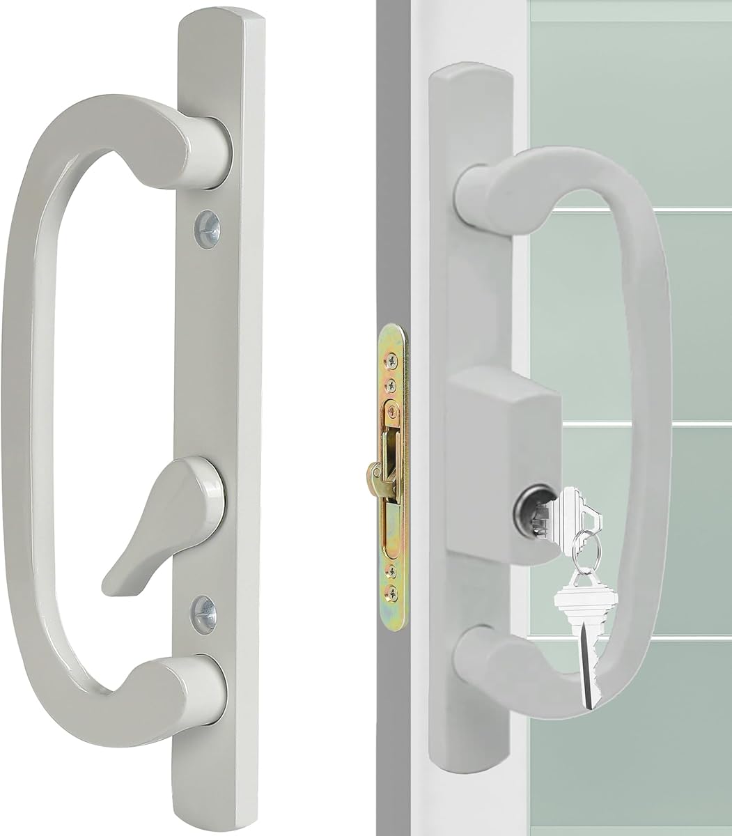 Offset Position Keyed Sliding Patio Door Handleset with Mortise Lock, 45° Keyway, 3-15/16" H.C., Fits 1-3/8" to 2" Thick Doors, Non-Handed, White Diecast