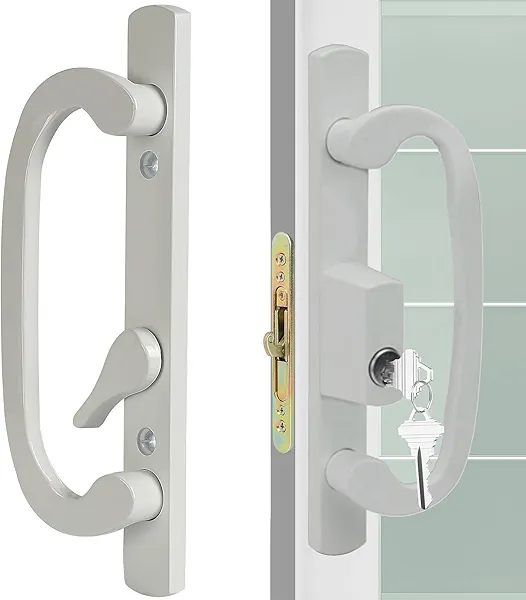 ACEPLANET Offset Position Keyed Sliding Patio Door Handleset with Mortise Lock, 45° Keyway, 3-15/16" H.C., Fits 1-3/8" to 2" Thick Doors, Non-Handed, White Diecast