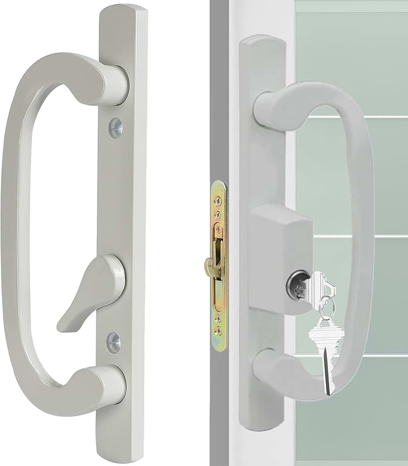 ACEPLANET Offset Position Keyed Sliding Patio Door Handleset with Mortise Lock, 45° Keyway, 3-15/16" H.C., Fits 1-3/8" to 2" Thick Doors, Non-Handed, White Diecast