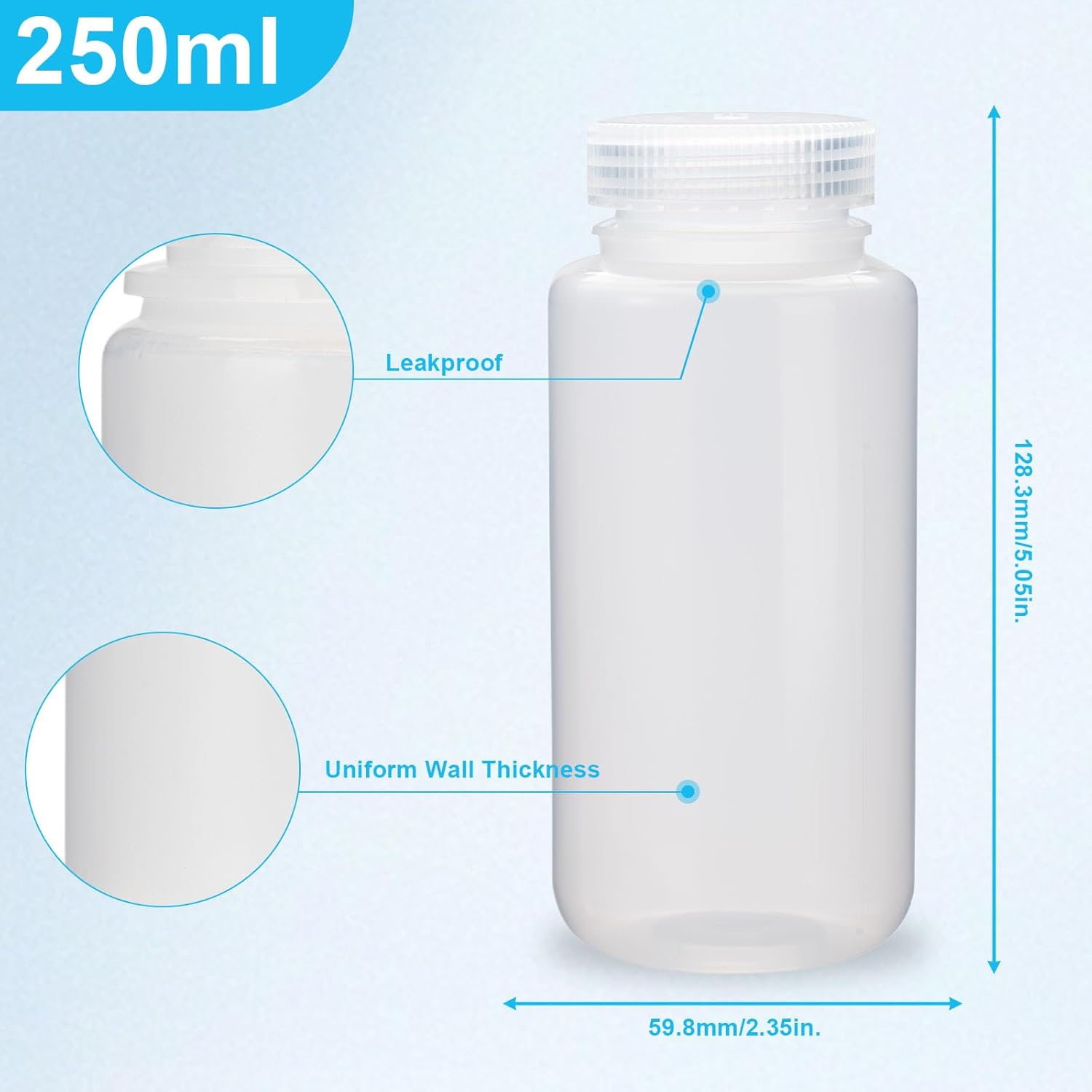 Biologix 250ml(8oz) Sterile PP Clear Reagent Bottles, 40PCS Plastic Wide Month Reagent Container with Screw for Laboratory, Liquid Storage