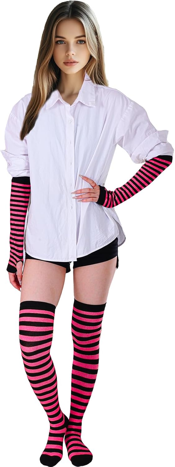 Tongcloud Women's Striped Knee High Socks, Over Knee Thigh High Socks, Arm Warmer and Fingerless Gloves Set - Image 5