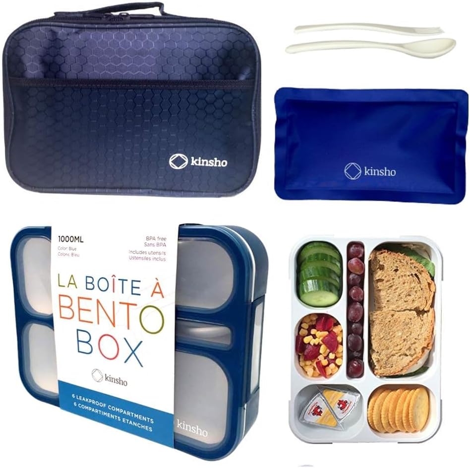 Bento Lunch Box with Insulated Bag and Ice Pack Set. 6 Divided Compartments, Containers for School, Work Daycare Lunches Snacks, Kids and Adults BPA Free, Easy to Carry, Durable Kits, Navy Blue