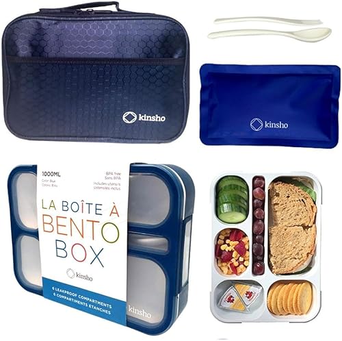 Miniatura 5 de kinsho Caja Bento con bolsa de almuerzo aislada y bolsa de hielo para niños para aperitivos y almuerzos de adultos. 3 compartimentos, cajas de